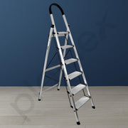 Plantex Surestep 6 Step Aluminum Ladder for Home/Non-Slip Wide Step Foldable Ladder for Home Use with Knee Guard, PVC Shoes and Cross Bars (Anodize-Silver)