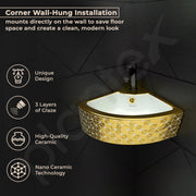 Plantex Ceramic Corner Basin/Wall Mount Washbasin for Bathroom/Small Corner Vessel Sink/Tabletop Wash Basin (Golden Cornia, 18 x 13 x 5 Inch)
