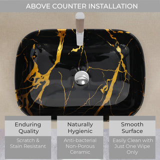 Plantex Ceramic Tabletop Washbasin for Bathroom/Table top Marble Basin/Countertop Wash Basin for Living Room/Bathroom Sink (Golden Veins - 18 x 13 x 5.5 Inch)