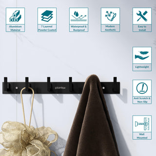 Plantex Aluminum Hook Rail with L-Shape Hooks for Walls of Bathroom/Kitchen–Hook Rail Bar for Clothes/Towel/Keys-Pack of 2 (6 Hooks, Black)
