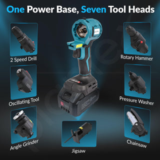 Plantex 21V Brushless - Mainframe Multi-Power Tool with Battery and Charger/7in1 Function/Variable Speed up to 24000 RPM Multi-Head Power Tool - (Tools Not Include) (Blue & Black)