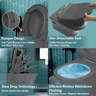 Plantex Platinum Ceramic Rimless Wall Hung Western Commode/Rimless Washdown Flushing System/P Trap Commode for Bathroom with Soft Close Toilet Seat (Smoke)