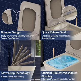 Plantex Imported Italica Ceramic Wall Hung Commode Toilet/Rimless Western Toilet/Washdown Commode with Soft Closing Toilet Seat - P Trap (Square - Matt Khaki)