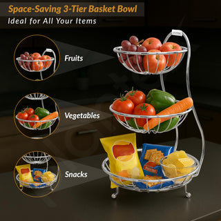 Plantex Elegant High Grade Stainless Steel 3-Tier Fruit & Vegetable Basket for Dining Table/Kitchen-Big Size(Chrome), Solid