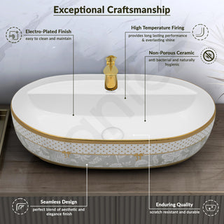 Plantex Ceramic Wash Basin for Bathroom/Designer Washbasin/Hand Basin for Restaurant/Hotel (23.5x16x5 inch - White & Gold)