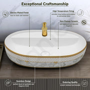 Plantex Ceramic Wash Basin for Bathroom/Designer Washbasin/Hand Basin for Restaurant/Hotel (23.5x16x5 inch - White & Gold)
