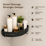 Plantex Drill Free Corner Shelf for Bathroom/Self Adhesive Bathroom Shelf Corner/Aluminum Wall Mount Side Corner Shelf Organizer/Shelf for Kitchen with Removable Hooks- 9x9 inch (Matt Black)