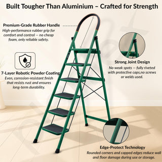 Plantex Hercules Pro 6-Step Foldable Ladder for Home with 200 kg Load Capacity/Heavy-Duty GI Steel Ladder/Anti-Slip Wide Step/Strong, Stable & Multi-Purpose (Green)