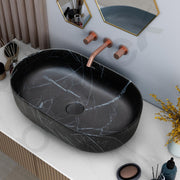 Plantex Ceramic Black Washbasin/Oval Tabletop Hand Wash Basin for Bathroom/Designer Washbasin Sink for Home/Office (22x13.5x6 Inch - Marble Finish)