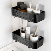 Plantex Aluminium Bathroom Stand for Wall/Self Adhesive Shelf with Removable Hooks & Magic Stickers/Bathroom Accessories Items (12x5 inches, Matt Black) - Pack of 2