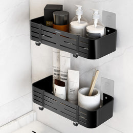 Plantex Aluminium Bathroom Stand for Wall/Self Adhesive Shelf with Removable Hooks & Magic Stickers/Bathroom Accessories Items (12x5 inches, Matt Black) - Pack of 2