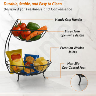Plantex Heavy Steel 2-Tier Fruit & Vegetable Basket For Dining Table/Kitchen - Countertop (Black), 9 Liter , 23 x 32 x 28 Centimeters