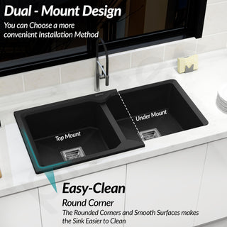 Plantex Kitchen Sink/UV Protected Quartz Sink for Kitchen/Double Bowl Sink with Coupling and Hose Pipe (Charcoal Black - 37x18inch)