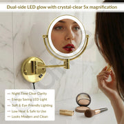 Plantex Brass and 304 Stainless-Steel Magnifying Mirror with LED/Wall Mount Makeup Mirror with Light/Zoom Mirror- 5x/1x Magnification (8 Inch-Gold)