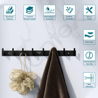 Plantex Aluminum Hook Rail with L-Shape Hooks for Walls of Bathroom/Kitchen–Hook Rail Bar for Clothes/Towel/Keys-Pack of 3 (8 Hooks, Black)