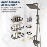 Plantex Self Adhesive Bathroom Shelf/Bathroom Organiser without Drill/Adhesive Wall Shelves/Bathrooms Accessories Set/Soap Holder with Tooth Brush Holder-(Black, Pack of 6)
