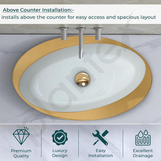Plantex Ceramic Washbasin/Designer Basin for Bathroom/Oval Tabletop Basin/Countertop Vessel Sink for Home/Office/Restaurant (Gold & White - 24 x 14 x 10 Inch)
