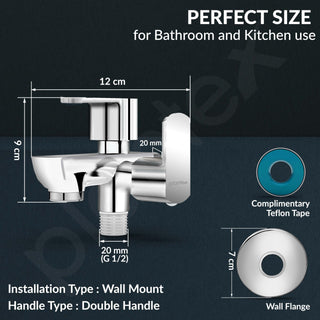 Plantex Two Way Tap for Washing Machine/Quarter Turn 2 in 1 Bib Cock/Wash Basin tap with Teflon Tape and Wall Flange/2 Way Bathroom Tap with Brass Spindle -(Saga-Chrome)