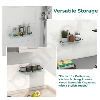 Plantex Frosted Glass Shelf for Bathroom/Shelf with Brass Railings and Brackets/Shelf for Living Room/Bedroom/Kitchen - Pack of 2 (15 x 6 inch, Black)