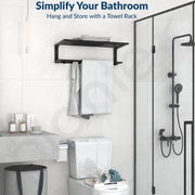 Plantex Folding Towel Rack with Towel Rod and Hooks for Bathroom/24 Inch Aluminium Towel Hanger/Stand/Bathroom Accessories - Pack of 1 (Black, 6900)
