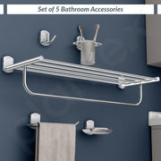 Plantex Parv 304 Grade Stainless Steel Towel Rack for Bathroom/Soap Holder/Napkin Ring/Tumbler Holder/Robe Hook/Bathroom Accessories Set of 5 - Chrome