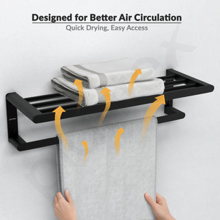 Plantex Space Aluminium Towel Rack with Fix Towel Rod/Towel Bar/Towel Hanger/Towel Stand for Bathroom/Bathroom Accessories (Black)