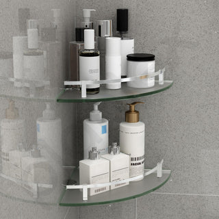 Plantex Premium Glass Corner Shelf for Bathroom/Bathroom Corner Shelf/Kitchen Glass Shelf/Wall Mounted Shelf with Brass Railings and Wall Brackets (9x9 Inches-Pack of 2 - Frosted)