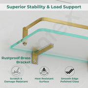 Plantex Frosted Glass Shelf for Bathroom/Shelf with Brass Railings and Brackets/Shelf for Living Room/Bedroom/Kitchen - Pack of 2 (15 x 6 inch, Brass Antique)