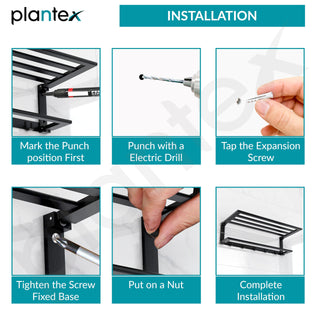 Plantex Folding Towel Rack with Towel Rod and Hooks for Bathroom/24 Inch Aluminium Towel Hanger/Towel Stand/Towel Rod/Bathroom Accessories - Pack of 1 (Black, 6900)