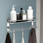 Plantex Stainless Steel Bathroom Shelf/Bathroom Stand for Wall/Bathroom Racks and Shelves with Hooks & Towel Holder/Bathroom Organiser with Drill (2-Tier, Chrome, Polished)
