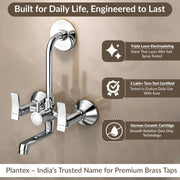 Plantex Pure Brass 2-in-1 Wall Mixer with Brass Wall Flange & Teflon Tape/Mixer Tap for Bathroom with Overhead Shower Provision and Long Bend Pipe/Bathroom Tap/Taps for Bathroom-(Star, Chrome)