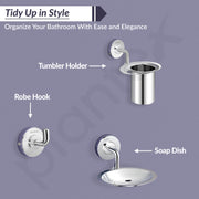 Plantex 304 Grade Stainless Steel Bathroom Accessories Set of 5 - Towel Rod/Hand Napkin Hanger for Wash Basin/Soap Case/Toothbrush Holder/Robe Hook - Daizy (Chrome)
