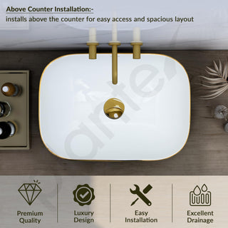 Plantex Ceramic Washbasin for Bathroom/Designer Countertop Basin/Rectangle Tabletop Wash Basin for Home/Office/Hotel (18x13x5 Inch - White & Gold)