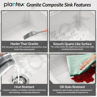 Plantex Matt German Technology Acrylic Resin Quartz Kitchen Sink/10 Years Guarantee/Granite Single Bowl Sink For Kitchen With Coupling (Whiti 32X20 Inches)