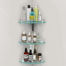 Plantex Transparent Glass Shelf for Living Room/Glass Corner Shelf for Bathroom with Stainless Steel Railings and Brackets/Bathroom Organizer/Kitchen Racks-(12 x12 Inch-Pack of 3)