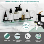 Plantex Premium Frosted Bathroom Glass Shelf/Kitchen/Glass Shelf for Bathroom Wall/Living Room with Brass Railings and Brackets(Transparent, Black – 12 x 6 inches - Pack of 1)