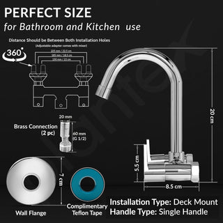 Plantex Pure Brass Sink Mixer Tap/Wall Mount Hot and Cold Tap for Bathroom/Double Handle Water Taps for Bathroom Basin with Brass Wall Flange & Teflon Tape (PAC-1814, Chrome)