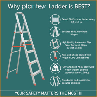 Plantex Restructured Legend Aluminium Folding 5 Step Ladder for Home - 5 Wide Step Ladder (Orange-Silver)