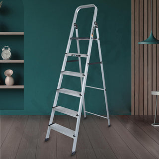 Plantex Big Foot 6 Step Ladder for Home/Aluminium Folding Ladder/Wide Anti-Skid Steps/Multipurpose Use (Black-Silver)