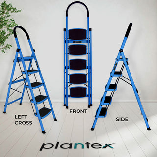 Plantex Premium Steel Foldable 5-Step Ladder for Home - Wide Anti Skid Step Ladder (Blue & Black)