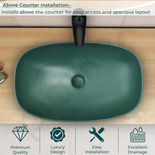 Plantex Basin for Bathroom/Ceramic Table Top Wash Basin/Over Counter Washbasin for Restaurant/Hotel (Square - Matt Green, 23 x 14.5 x 5 Inch)