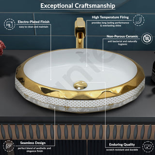 Plantex Wash Basin/Ceramic Table Top Wash Basin/Designer Countertop Basin for Bathroom/Restaurants/Hotel – Oval (White & Gold - 23 x 16 x 5 Inch)
