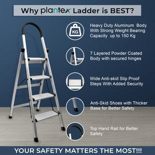 Plantex Surestep 4 Step Aluminum Ladder for Home/Non-Slip Wide-Step Foldable Ladder with Knee Guard, PVC Shoes and Cross Bars (Anodize-Silver)