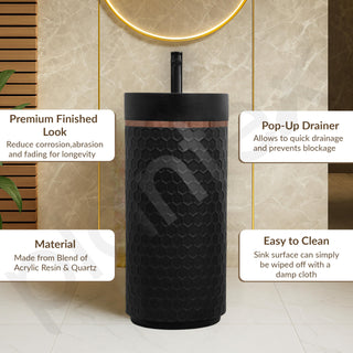 Plantex Acrylic Resin & Quartz Pedestal Basin for Bathroom/One Piece Pedestal Free Standing Round Wash Basin for living Room/Hotel (Black)