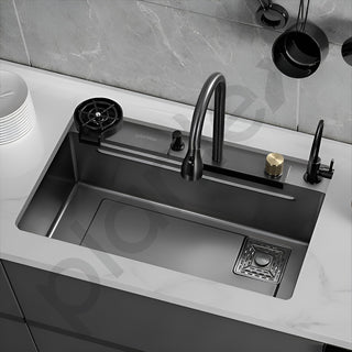 Plantex 304 Grade Stainless Steel Waterfall Kitchen Sink with Anti Scratch Honeycomb Design/Luxurious Sink for Kitchen with Pull Down Faucet - Multifuctional Modern Sink (30 x 18 Inch, Black)