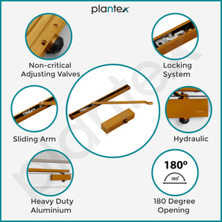 Plantex Premium Automatic Door Closer for Wooden Door Adjustable Size 3 Spring Hydraulic Auto Door Closer for Home Office Hotel for Wide 180 Degree Opening (Capacity-120 kg,Golden)