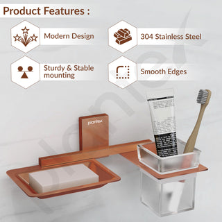 Plantex Soap Dish with Glass Toothbrush Holder for Bathroom/304 Grade Stainless Steel Soap Holder with Tumbler Holder/Soap Stand/Toothpaste Holder - Crystal (PVD Rose Gold)