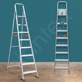 Plantex Legend Aluminium Folding 8 Step Ladder for Home - 8 Step Anti Skid Ladder/Wide Step Ladder (Orange-Silver)