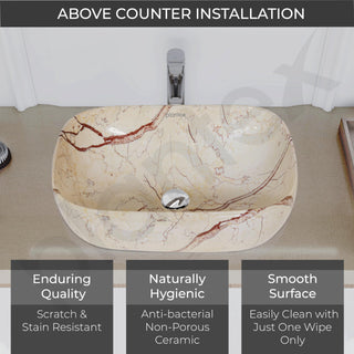 Plantex Ceramic Tabletop Sink/Basin for Bathroom/Wash Basin with Brown Veins/Basin for Living Room, Hotel (Marble Finish, 18 x 13 x 5.5 Inch)