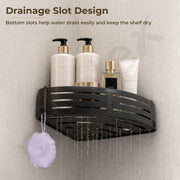 Plantex Drill Free Corner Shelf for Bathroom/Self Adhesive Bathroom Shelf Corner/Aluminum Wall Mount Side Corner Shelf Organizer/Shelf for Kitchen with Removable Hooks- 9x9 inch (Matt Black)
